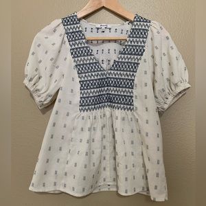 Madewell White Blouse with Navy Embroidery